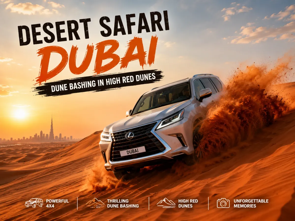 4x4 Land Cruiser driving across the red dunes on a self drive desert safari